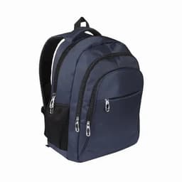 A dark blue backpack with multiple compartments and zippers, featuring a mesh pocket on the side.