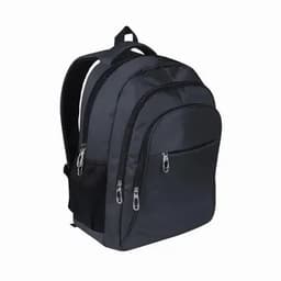 A black backpack featuring multiple compartments, zippers, and side mesh pockets, with adjustable straps.