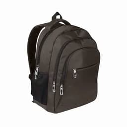 A brown backpack featuring multiple zippered compartments and adjustable shoulder straps. It has a side mesh pocket.