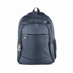 A navy blue backpack with multiple compartments and a mesh side pocket, featuring a branded logo.