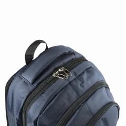 A backpack with multiple zippered compartments in navy blue, featuring a sturdy handle on top.