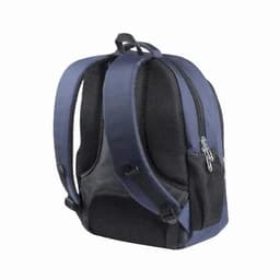 A backpack in navy blue and black, featuring padded straps and mesh panels for ventilation. It has zippered compartments.