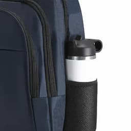 A dark blue backpack featuring a side pocket holding a stainless steel drink bottle. The pocket has a black sleeve.