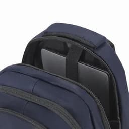 A navy backpack features multiple compartments with a laptop nestled inside. It includes a logo on the exterior.