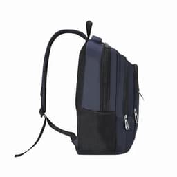 A navy blue backpack with multiple zippered pockets and mesh details, featuring adjustable straps and a logo.