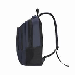A navy blue backpack with multiple zippered compartments and mesh side pockets. It features padded shoulder straps and branding.