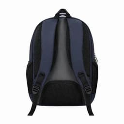 A navy blue backpack with padded mesh straps and a sleek design, featuring side pockets and a logo.