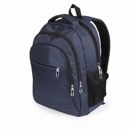 A backpack in navy blue with multiple zippered compartments and a mesh side pocket. It has padded shoulder straps.