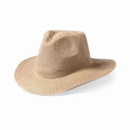 A straw hat in a light beige colour with a wide brim and a relaxed design, featuring a mesh pattern.
