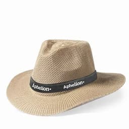 A wide-brimmed straw hat in beige with a dark band featuring a logo.