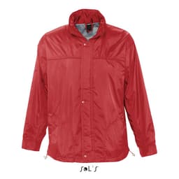 A red men's jacket with a hood, jersey lining, and water-repellent fabric, featuring a logo.