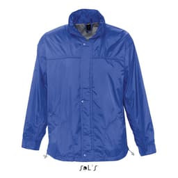 A blue men's jacket with a jersey lining, water-repellent material, and a hood. It features a logo.