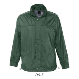 A men's jacket in dark green, featuring a jersey lining, water repellent material, and a hood. It has a logo.