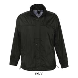 A men's water-repellent jacket in black, featuring a hood and zipped pockets, with a logo present.