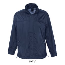 A navy men's jacket with a hood, water repellent finish, and jersey lining. It features a branding logo.