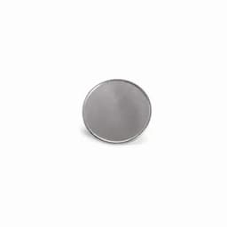 A round silver lapel pin with a smooth, polished surface and a simple design.