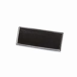 A rectangular lapel pin in black with a silver border, featuring a smooth, glossy surface.