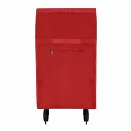 A red promotional trolley bag with a zippered pocket at the front and two wheels for easy transport.