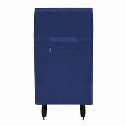 A blue promotional product bag with a zippered pocket and wheels for easy transport.