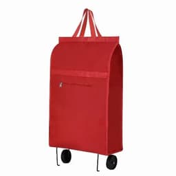A red wheeled trolley bag with a single pocket and shoulder straps for easy transport. It has a simple design.