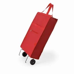 A red wheeled shopping bag with a top handle and a front zip pocket. The bag has two wheels at the base.