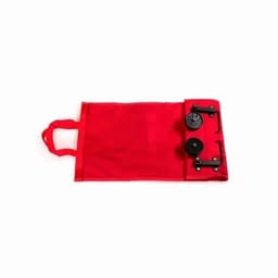 A red fabric bag with handles and two black wheels attached inside for easy transport.