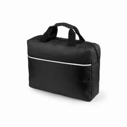 A black zippered bag with short handles and a front pocket, featuring a white stripe.