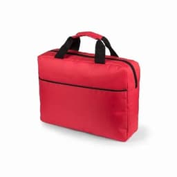 A red promotional bag with black handles and a zippered closure. It features a front pocket and a simple design.