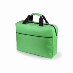 A green carry bag with black handles, featuring a zip closure and a front pocket.