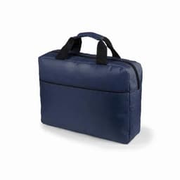 A navy blue bag with black handles and a zipper closure, featuring a front pocket. It has a simple design.