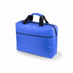 A blue promotional bag with black handles and a zip closure, featuring a front pocket.