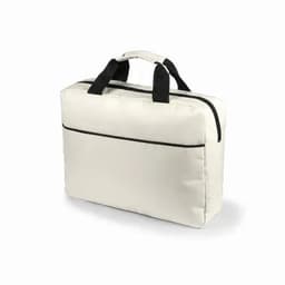 A cream-coloured bag with black handles and a zip closure, featuring a simple, minimalist design.