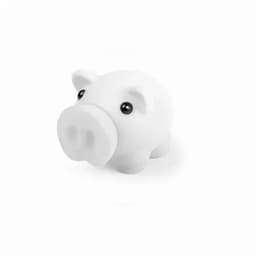 A white piggy bank with black eyes, featuring a simple and rounded design.