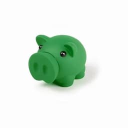 A green pig-shaped rubber toy with small black eyes. It features a rounded body and cartoonish design.
