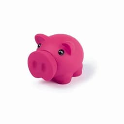 A pink pig-shaped stress ball with shiny eyes, featuring a rounded design and a textured surface.
