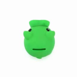 A green fish-shaped bank with small fins and eyes, designed for saving coins. It features a simplistic, playful design.