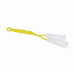 A yellow and white two-tube device with a braided handle, designed for a promotional product.