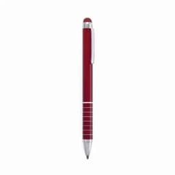 A red pen with a metallic clip and a stylus tip for touchscreen devices. It features a sleek design and branding.
