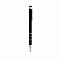 A black pen with a sleek design and silver accents, features a stylus tip and a clip for convenience.