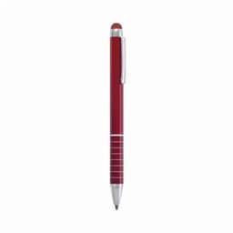 A red pen with a shiny silver clip and a rubberised red top for touchscreens. It features a smooth finish and sleek design.