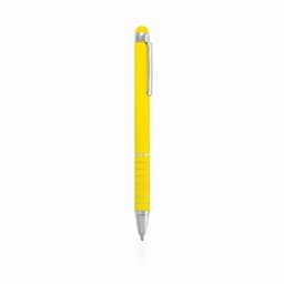 A yellow pen with a silver clip and accents, featuring a textured grip for comfort.