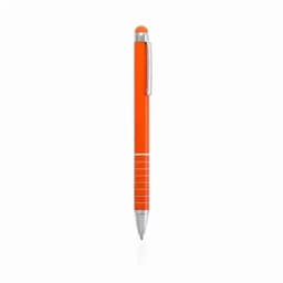 An orange pen with a silver clip and a stylus tip at the top. It features white horizontal lines on the barrel.