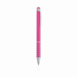 A pink pen with silver accents and a rubber grip, featuring a flat top and a clip for easy attachment.