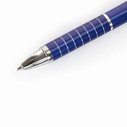 A blue pen with silver accents and a sleek design, featuring ribbed grip lines.