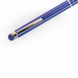 A blue stylus pen with a shiny silver clip and tip. The pen has horizontal lines along its body.
