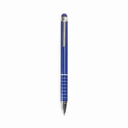A blue pen with a silver clip and accent, featuring a stylus tip at the top.