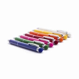 A collection of multi-coloured pens arranged in a row with silver clips and grips. Each pen has a distinctive colour.