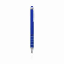 A blue pen with a silver clip and accents, featuring a smooth body and a stylus tip. It has a logo on the barrel.