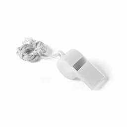 A white whistle with a textured body and a white cord attached for easy carrying.
