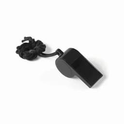 A black whistle with a textured surface and a black lanyard attached.
